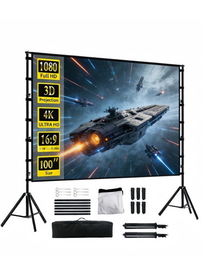 شاشة عرض بروجكتور مع حامل، شاشة عرض محمولة مقاس 100 بوصة للاستخدام الداخلي والخارجي، شاشة عرض أفلام بدقة 4K عالية الوضوح بنسبة عرض إلى ارتفاع 16:9 مع حقيبة حمل، استمتع بتجربة سينمائية منزلية مميزة. - Image 1